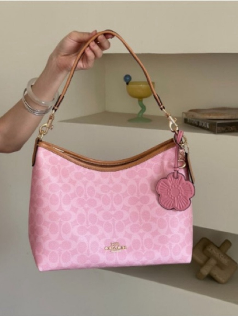 Coach Pink Signature Shoulder Bag with Tan Trim and Floral Charm